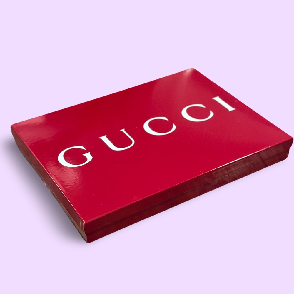 GUCCI: Red Gucci Gift Box, Tissue + Ribbon Box Sz: 16” x 12” x  2”